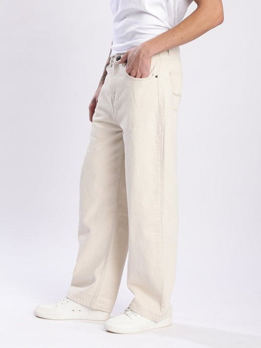 Men’s Beige Baggy Fit Wide Leg Jeans
