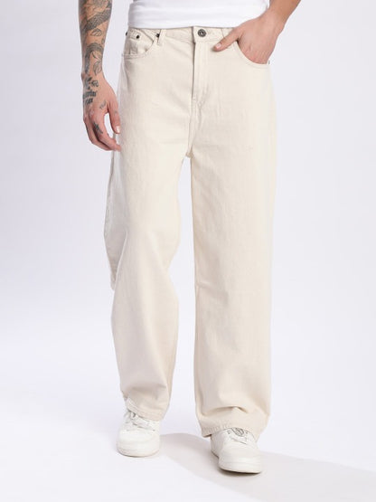 Men’s Beige Baggy Fit Wide Leg Jeans