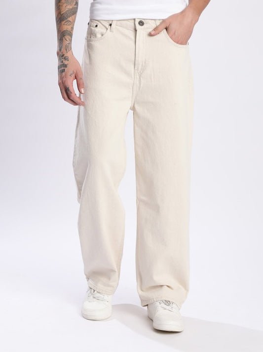 Men’s Beige Baggy Fit Wide Leg Jeans